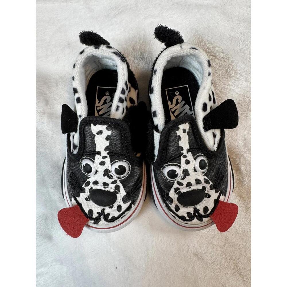 Vans Kids Black White Dalmatian Dog Slip-On Sneakers with Red Tongue